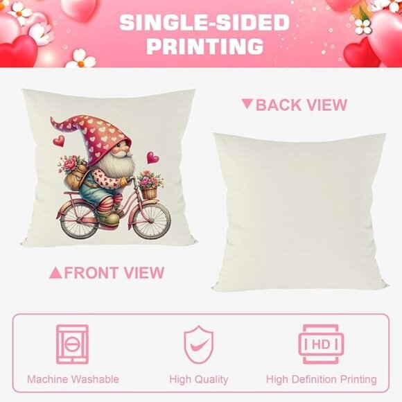 Valentines Day Pillow Covers 18x18 Set of 4 Gnome Bicycle Roses Floral Valentine - Picture 2 of 4